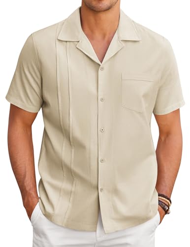 COOFANDY Herren Kubanisches Guayabera-Hemd, kurzärmelig, Button-Down-Hemd, lässig, Leinen, Strandhemd, Hellkhaki, XL von COOFANDY