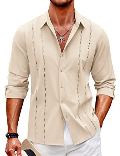 COOFANDY Herren Kubanisches Guayabera Hemd Casual Button Down Shirts Langarm Strand Leinen Hemden, Beige, Mittel von COOFANDY