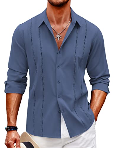 COOFANDY Herren Cuban Guayabera Hemd Casual Button Down Shirts Langarm Strand Leinen Shirts, Dunkelblau, Klein von COOFANDY