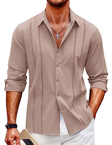 COOFANDY Herren Kubanisches Guayabera Hemd Casual Button Down Shirts Langarm Strand Leinen Hemden, Pink, XX-Large von COOFANDY