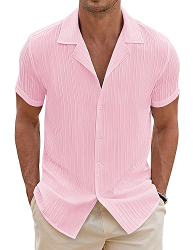 COOFANDY Herren Kurzarm Hemd Leichetes Sommerhemd Kuba Shirt Hawaii Männer Freizeithemd Button Down Shirt Textured Beach Outfit Mittel Rosa L von COOFANDY