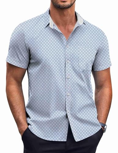 COOFANDY Herren Kurzarm Kleid Shirts Faltenfrei Polka Dot Print Shirt Casual Button Down Shirts mit Tasche, Blau Combo, Mittel von COOFANDY