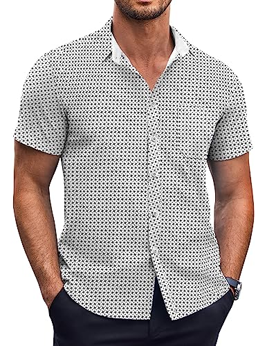 COOFANDY Herren Kurzarm Kleid Shirts Faltenfrei Polka Dot Print Shirt Casual Button Down Shirts mit Tasche, Weiß (Windmühle), XX-Large von COOFANDY