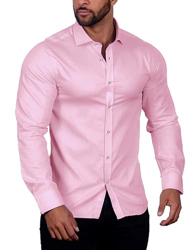 COOFANDY Herren Langarm Hemden Casual Regular Fit Bügelfrei Business Hemd Einfarbige Anzug Hemd Baumwollhemd Freizeithemden für Herren Hochzeit Hell-Pink XL von COOFANDY