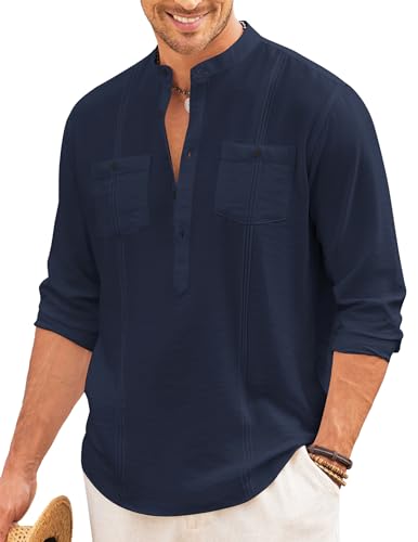 COOFANDY Herren Leinen Henley Shirt Langarm Casual Hippie Baumwolle Strand T-Shirts, Marineblau, XL von COOFANDY