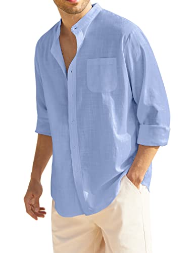 COOFANDY Hemd Herren Langarm ohne Kragen Hemden mit Brusttasche Regular Fit Button Down Freizeit Sommerhemden für Männer Blau M von COOFANDY