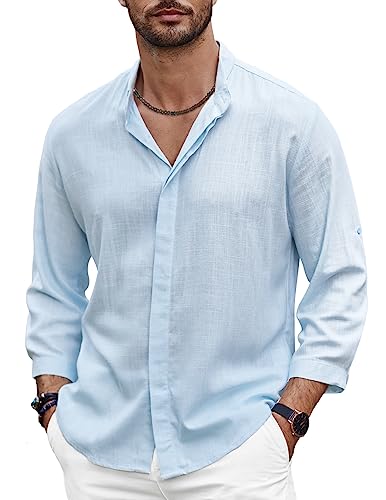 COOFANDY Herren Leinenhemd, lässig, Button-Down-Shirt, leicht, 3/4-Ärmel, Sommer, Strand, Blau, Klein von COOFANDY