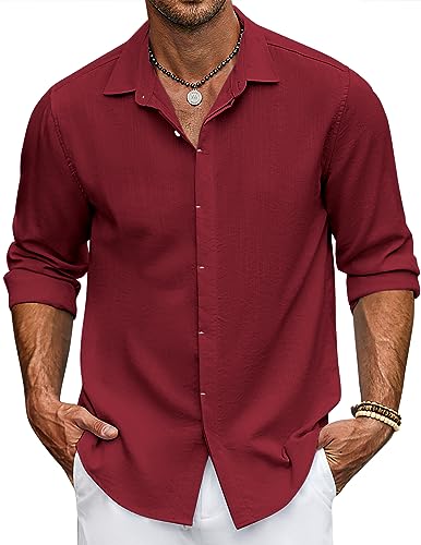 COOFANDY Herren Leinenhemd Langarm Strand Button Up Hemd Freizeithemd für Männer Sommer Hochzeit Hemd, Weinrot, XL von COOFANDY