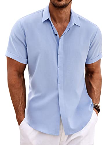 COOFANDY Herren-Leinenhemden, kurzärmelig, Freizeithemden, Button-Down-Hemd für Herren, Strand, Sommer, Hochzeitshemd, Hellblau, XL von COOFANDY