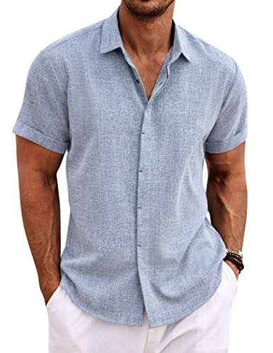 COOFANDY Herren-Leinenhemden, kurzärmelig, Freizeithemden, Button-Down-Hemd für Herren, Strand, Sommer, Hochzeitshemd, Light Denim Blue, Mittel von COOFANDY