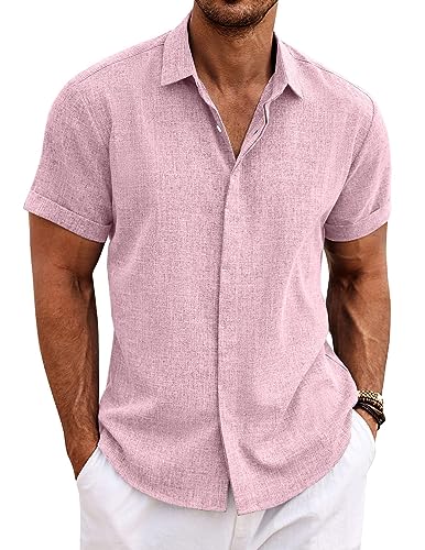 COOFANDY Herren Leinenhemden Kurzarm Freizeithemden Button Down Hemd für Männer Strand Sommer Hochzeit Hemd, Pink, XX-Large von COOFANDY