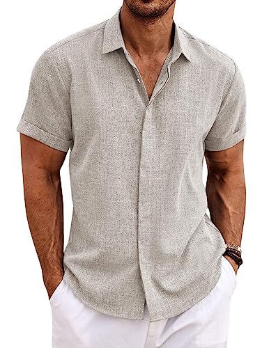 COOFANDY Herren-Leinenhemden, kurzärmelig, Freizeithemden, Button-Down-Hemd für Herren, Strand, Sommer, Hochzeitshemd, Stein, Mittel von COOFANDY