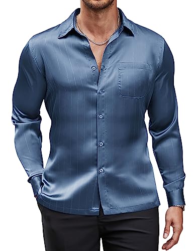 COOFANDY Herren Luxus Satin Kleid Hemd Glänzende Seide Langarm Button Up Shirts Hochzeit Hemd Party Abschlussball, Dunkelblau Grau, L von COOFANDY