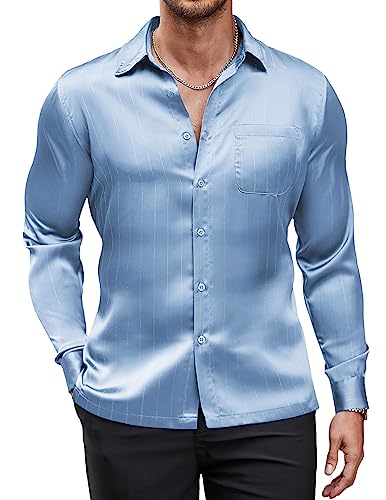 COOFANDY Herren Luxus Satin Kleid Hemd Glänzende Seide Langarm Button Up Shirts Hochzeit Hemd Party Abschlussball, Hellblau, L von COOFANDY