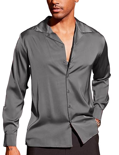 COOFANDY Herren Luxus Seidenhemd Langarm Satin Kleid Hemd Glänzend Button Down Abschlussball Hochzeit Party Shirt, Dunkel_Grau, XX-Large von COOFANDY