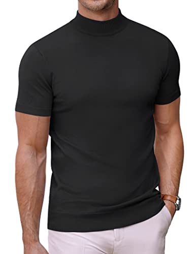 COOFANDY Herren Mock Rollkragenpullover Kurzarm Einfarbig T-Shirts Basic Slim Fit Strickpullover Tees, Schwarz, X-Klein von COOFANDY