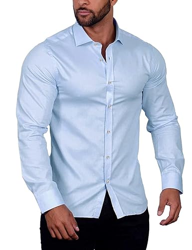 COOFANDY Herren Langarm Hemden Casual Regular Fit Bügelfrei Business Hemd Baumwollhemd Trachtenhemd Button Down Hemd Langarm Hemden für Männer Blau M von COOFANDY