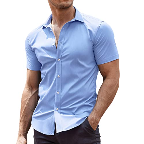 COOFANDY Herren Muscle Fit Kleid Shirts Faltenfrei Kurzarm Casual Button Down Shirt, blau, Klein von COOFANDY