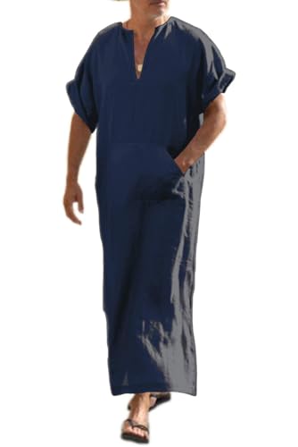 COOFANDY Herren Nachthemd Schlafanzug Kurzarm Roben Herren Baumwolle Leinen Robes V-Ausschnitt Nachtwäsche Mit Taschen Herrenhemd Sleepshirt Navy S von COOFANDY