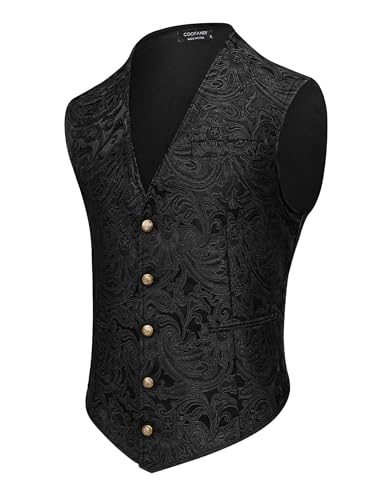 COOFANDY Herren Paisley Westen Viktorianischen Steampunk Gothic Anzug Weste Slim Fit V-Ausschnitt Smoking Weste, Schwarz, Large von COOFANDY