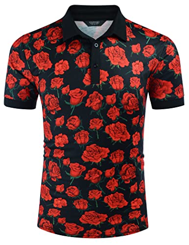 COOFANDY Herren-Polo-Shirt, lässig, kurzärmelig, schmale Passform, Paisleymuster, Blumendruck, Rose (schwarz), Mittel von COOFANDY