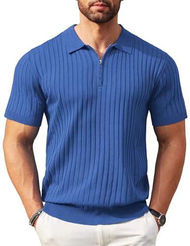 COOFANDY Herren-Poloshirt, schmale Passform, kurzärmelig, schmale Passform, einfarbig, gerippt, weich, Blau, L von COOFANDY