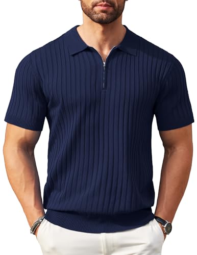 COOFANDY Herren-Poloshirt mit Reißverschluss, kurzärmelig, gerippt, modisch, lässig, Golf-Shirts, Marineblau, L von COOFANDY