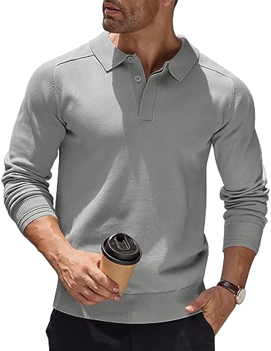 COOFANDY Herren Poloshirt Langarmshirt Pullover Mit Polokragen Weich Strick Sweater Business Casual Pullover Regular Fit Männer Pulli Winterpullover Einfarbig Mittelgrau L von COOFANDY