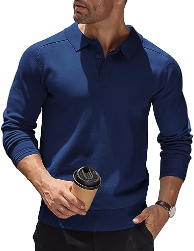 COOFANDY Herren Poloshirt Langarmshirt Pullover Mit Polokragen Weich Strick Sweater Business Casual Pullover Regular Fit Männer Pulli Winterpullover Einfarbig Navy blau M von COOFANDY