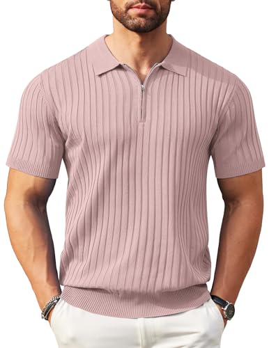 COOFANDY Herren-Poloshirt mit Reißverschluss, kurzärmelig, gerippt, modisch, lässig, Golf-Shirts, Pink, Mittel von COOFANDY