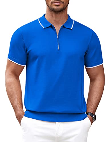 COOFANDY Herren-Poloshirt mit Reißverschluss, lässig, gestrickt, kurzärmelig, Polo-T-Shirt, klassische Passform, Königsblau, XL von COOFANDY