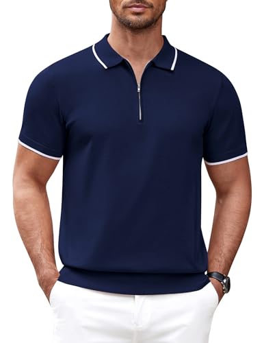 COOFANDY Herren-Poloshirt mit Reißverschluss, lässig, gestrickt, kurzärmelig, Polo-T-Shirt, klassische Passform, Marineblau, XX-Large von COOFANDY