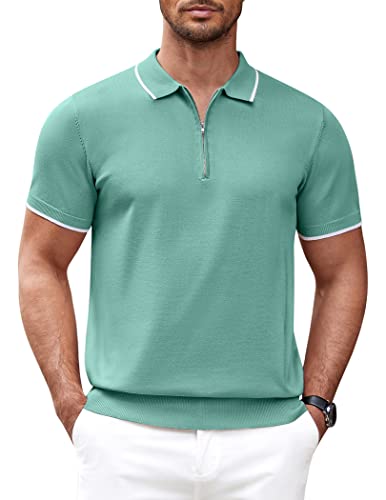 COOFANDY Herren-Poloshirt mit Reißverschluss, lässig, gestrickt, kurzärmelig, Polo-T-Shirt, klassische Passform, Türkis/Ausflug, einfarbig (Getaway Solids), Mittel von COOFANDY