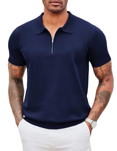 COOFANDY Herren-Poloshirt mit Reißverschluss, lässig, gestrickt, kurzärmelig, klassische Passform, Einfarbig: Marineblau, XX-Large von COOFANDY