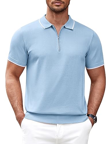 COOFANDY Herren-Poloshirt mit Reißverschluss, lässig, gestrickt, kurzärmelig, klassische Passform, Hell, blau, 3X-Groß von COOFANDY