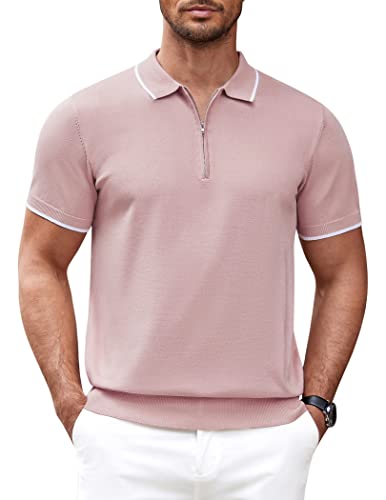 COOFANDY Herren-Poloshirt mit Reißverschluss, lässig, gestrickt, kurzärmelig, klassische Passform, Pink, XX-Large von COOFANDY