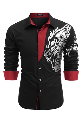 COOFANDY Herren Print Button Down Kleid Hemd Mode Langarm Casual Shirts, 01-schwarz (Tiger), XL von COOFANDY