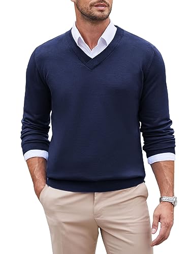 COOFANDY Herren Pullover Strickpullover mit V Ausschnitt Langarm Regular Fit Feinstrick Casual Business Pullover Winter Sweater Einfarbig Navy blau XXL von COOFANDY