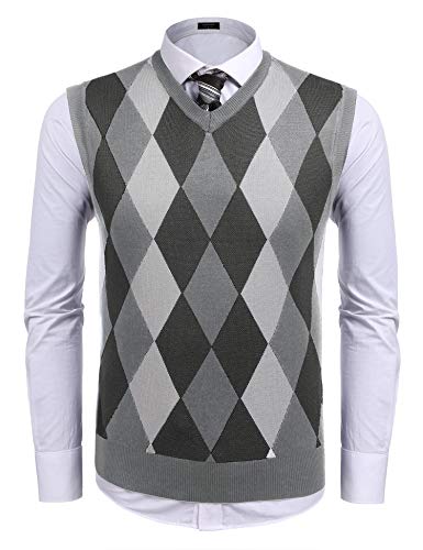 COOFANDY Herren Pullunder V-Ausschnitt Ärmellose Strickweste Karierte Baumwolle Knitted Vest für Herbst Winter Grau XXL COOFANDY Herren Pullunder V-Ausschnitt Ärmellose Strickweste Karierte Baumwolle Knitted Vest für Herbst Winter Grau XXL von COOFANDY