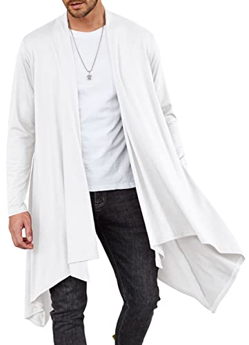 COOFANDY Herren Rüschen Schalkragen Cardigan Langarm Open Front Leicht Lange Länge Drape Cape Übermantel mit Taschen, Weiß-Lang, L von COOFANDY