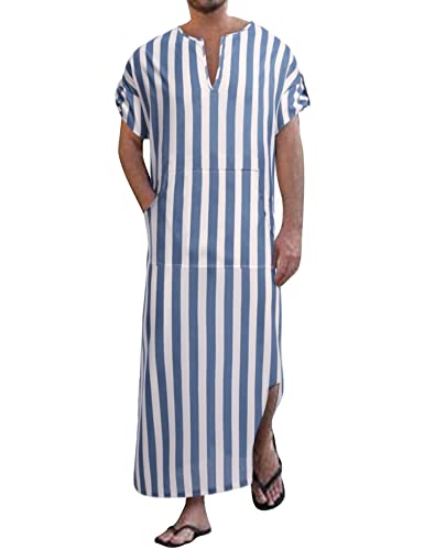 COOFANDY Herren Nachthemd Kurzarm Kaftan Herren Baumwolle Cotton Robes V-Ausschnitt Nachtwäsche Mit Taschen Herrenhemd Himmelblau Weiß S von COOFANDY