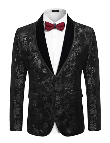 COOFANDY Herren-Smokingjacke mit Blumenmuster, mit Revers und einem Knopf, Samt, Abendessen, Abschlussball, Party, Hochzeit, Blazer, A_black, XX-Large von COOFANDY