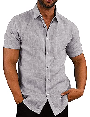 COOFANDY Herren Hemd Kurzarm Sommerhemd Kurzarm Leinenhemd Businesshemd Freizeithemd Kurzarmhemd Strand Hemd Basic Shirt for Männer Hellgraue Flecken XL von COOFANDY