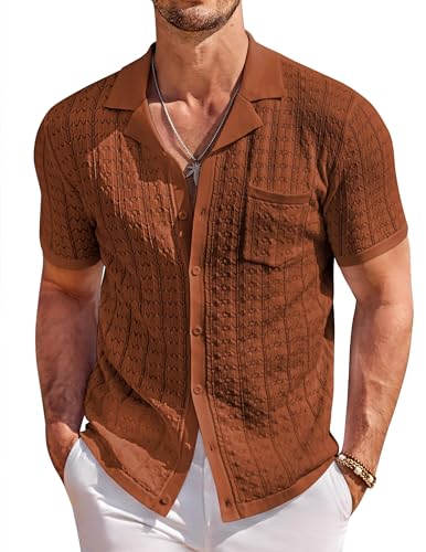 COOFANDY Herren Strick Button Down Shirt Kurzarm Vintage Polo Shirts Sommer Casual Strand Tops, Caramel, 3X-Groß von COOFANDY