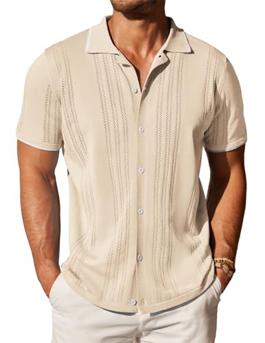 COOFANDY Herren Strickhemd mit Knopfleiste, Vintage, kurzärmelig, Polo-Shirts, lässig, Strand-Top, Cream, XX-Large von COOFANDY