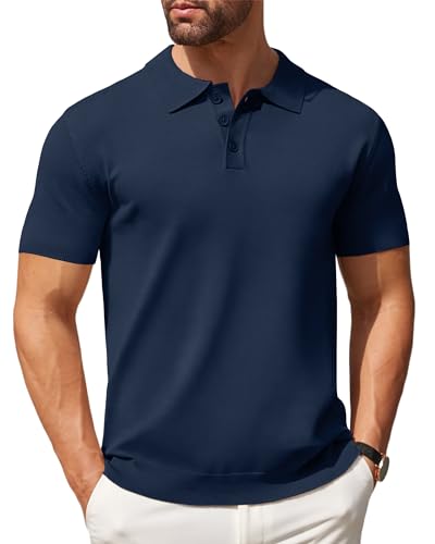 COOFANDY Herren Strick-Polohemden, lässig, kurzärmelig, Button-Down-Poloshirt, klassisches Golf-Shirts, Marineblau, XL von COOFANDY