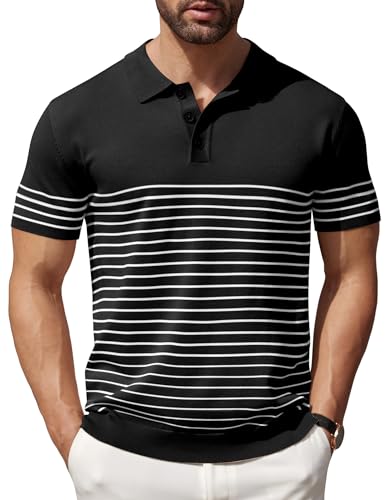 COOFANDY Herren Strick-Polohemden Kurzarm Gestreiftes Golf Poloshirts Leicht Lässig Kragen T-Shirt, Schwarz (weiße Streifen), L von COOFANDY