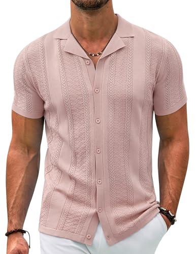 COOFANDY Herren-Strickhemd, Vintage-Stil, kurzärmelig, Button-Down-Shirt, lässig, Sommer, Strand-Shirt, Pink, Klein von COOFANDY