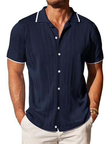 COOFANDY Herren Strickhemd mit Knopfleiste, Vintage, kurzärmelig, Polo-Shirts, lässig, Strand-Top, Blau, Klein von COOFANDY