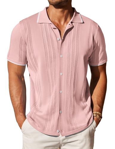 COOFANDY Herren Strickhemd mit Knopfleiste, Vintage, kurzärmelig, Polo-Shirts, lässig, Strand-Top, Helles Pink, Klein von COOFANDY